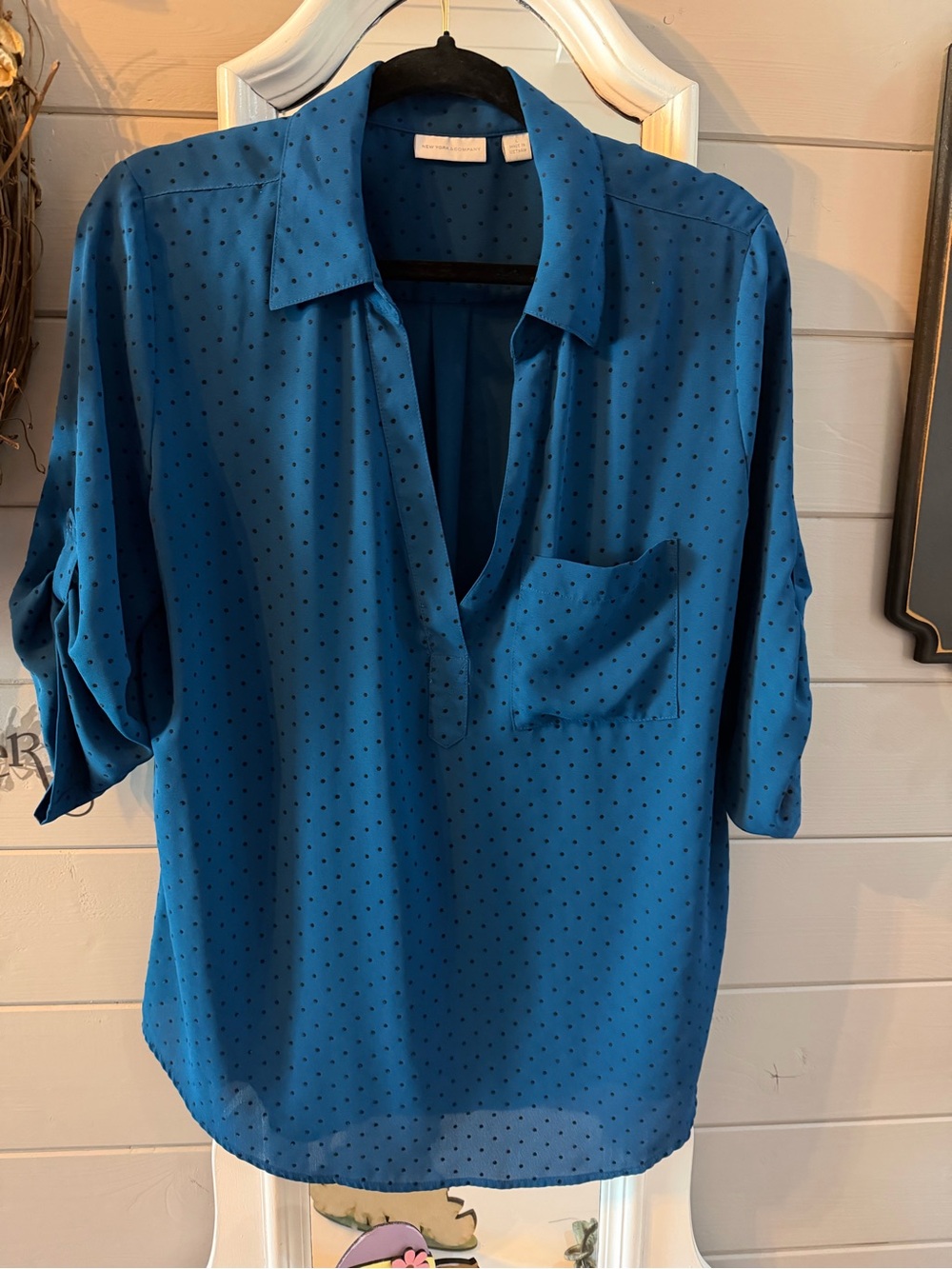 New York & Company Teal Blue Dot Split-Neck Blouse - Picture 2 of 10